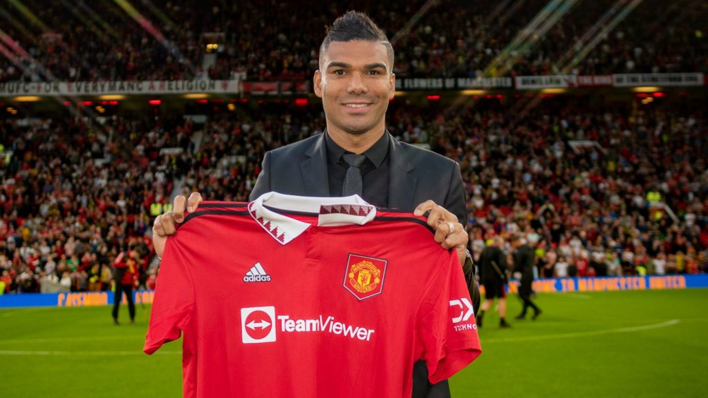 Manchester United unveiling new signing Casemiro.
