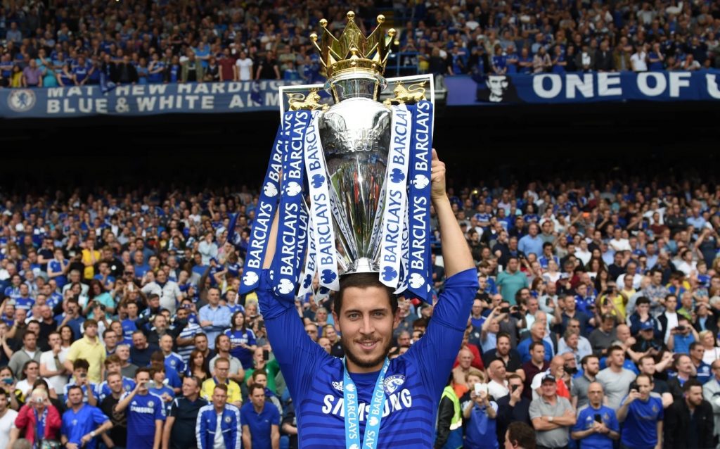 Eden Hazard celebrating the 2014/15 Premier League title.