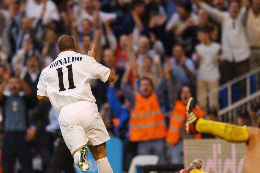 Ronaldo scoring on his debut for Real Madrid. Madrid's