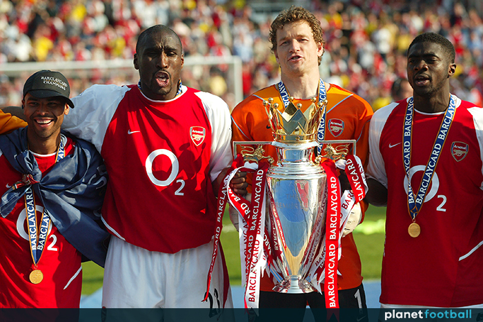 The Arsenal defence celebrating their invincible title