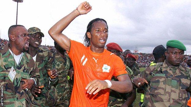 Didier Drogba celebrating qualification for the 2006 World Cup.