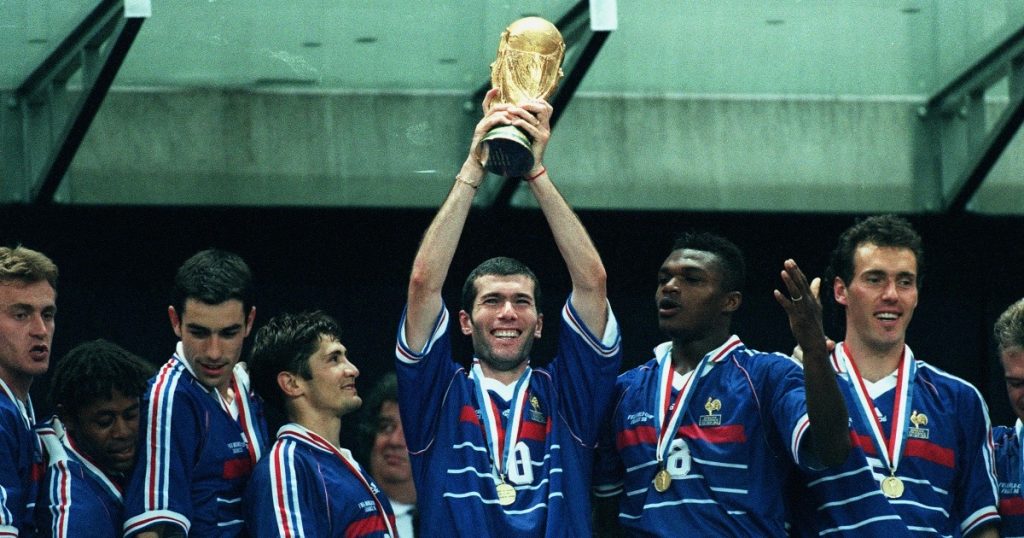 Zidane celebrating winning the 1998 World Cup.