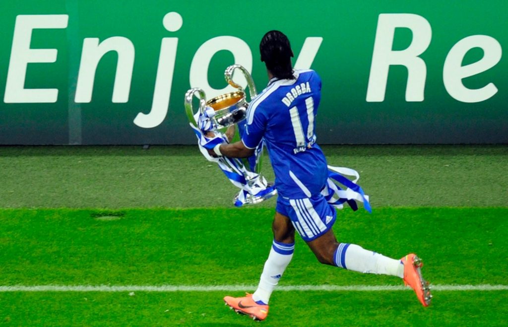 Drogba celebrating winning the 2012 Champions League for Chelsea FC.